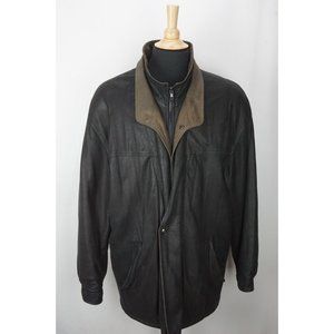 Remy Black Brown Double Collar Leather Mens Jacket Coat Sz 42